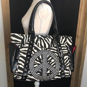 Zebra Print Peace Sign Shoulder Bag